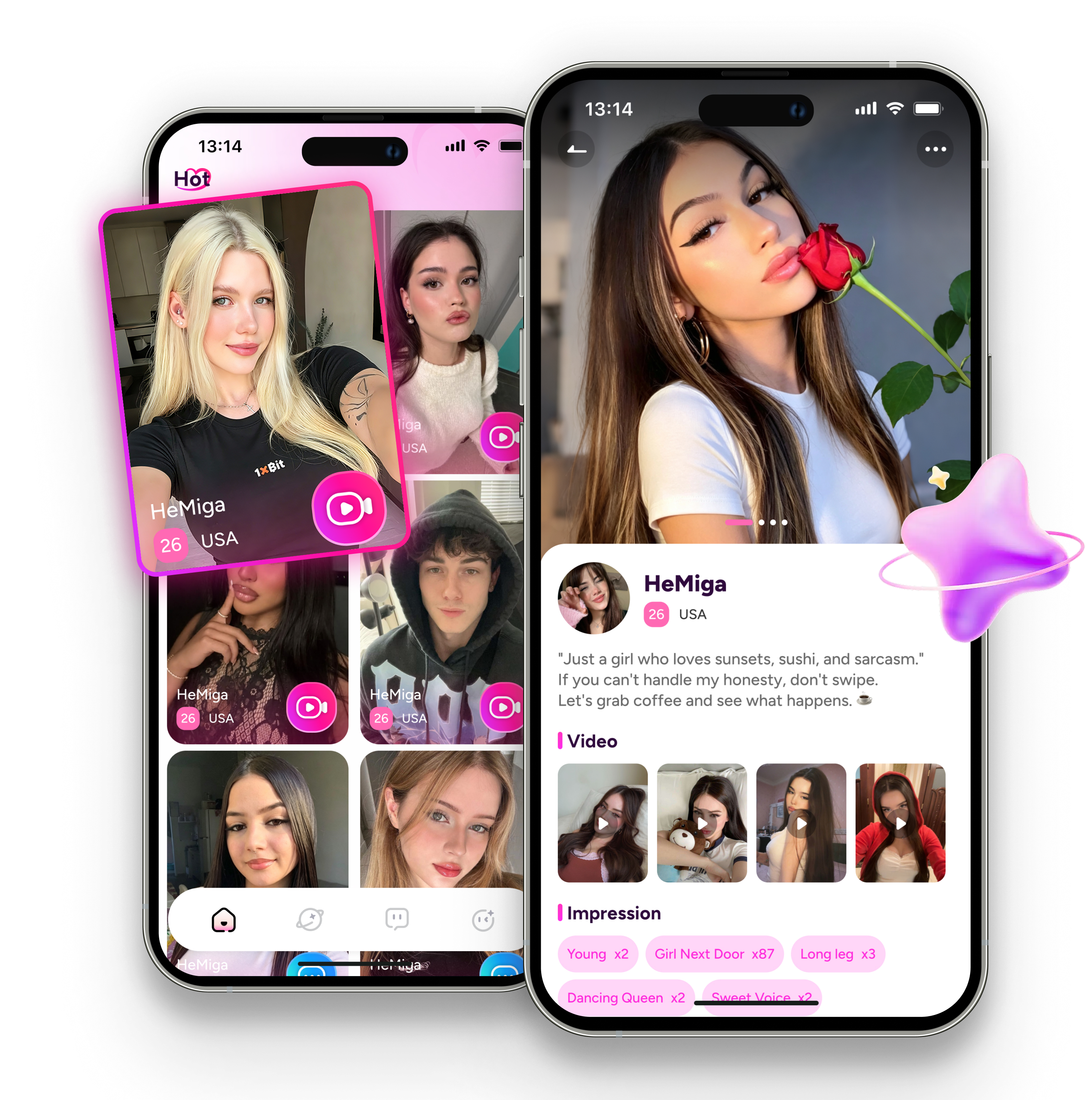 HeMiga profile discovery and video chat screens